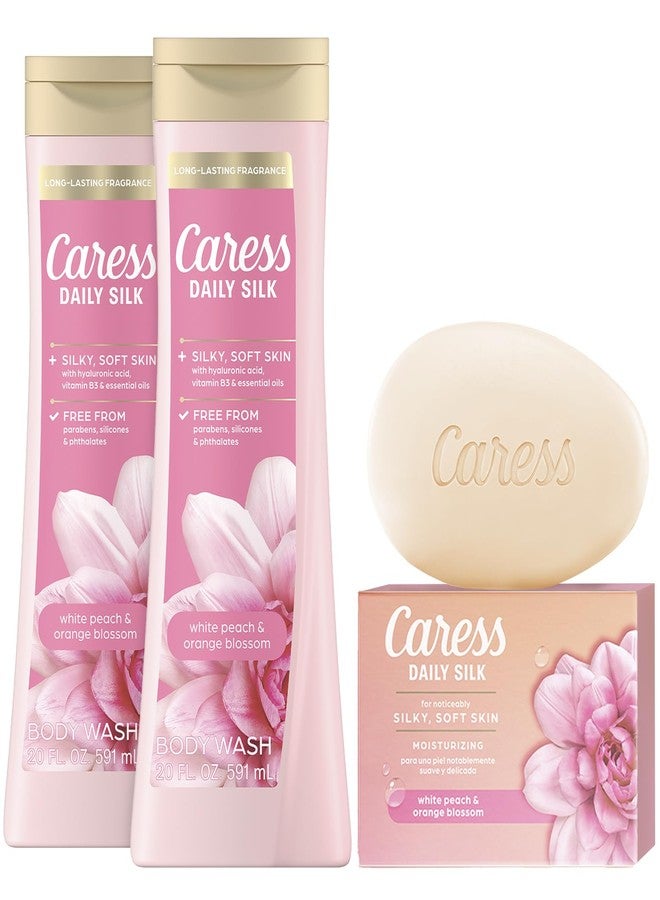 Caress Body Wash 2-Pack + Bar Soap, Daily Silk Bundle – Bath & Shower Essentials for Silky Soft Skin, White Peach & Orange Blossom - Image 1